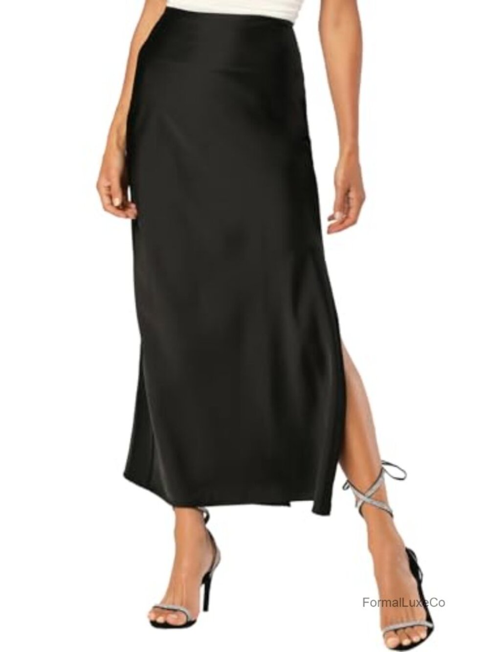 Satin Silk Maxi Slit Skirt Elastic Waistband A-Line Flowy Hem